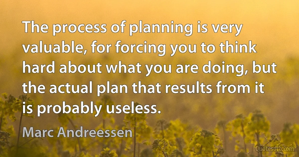 The process of planning is very valuable, for forcing you to think hard about what you are doing, but the actual plan that results from it is probably useless. (Marc Andreessen)