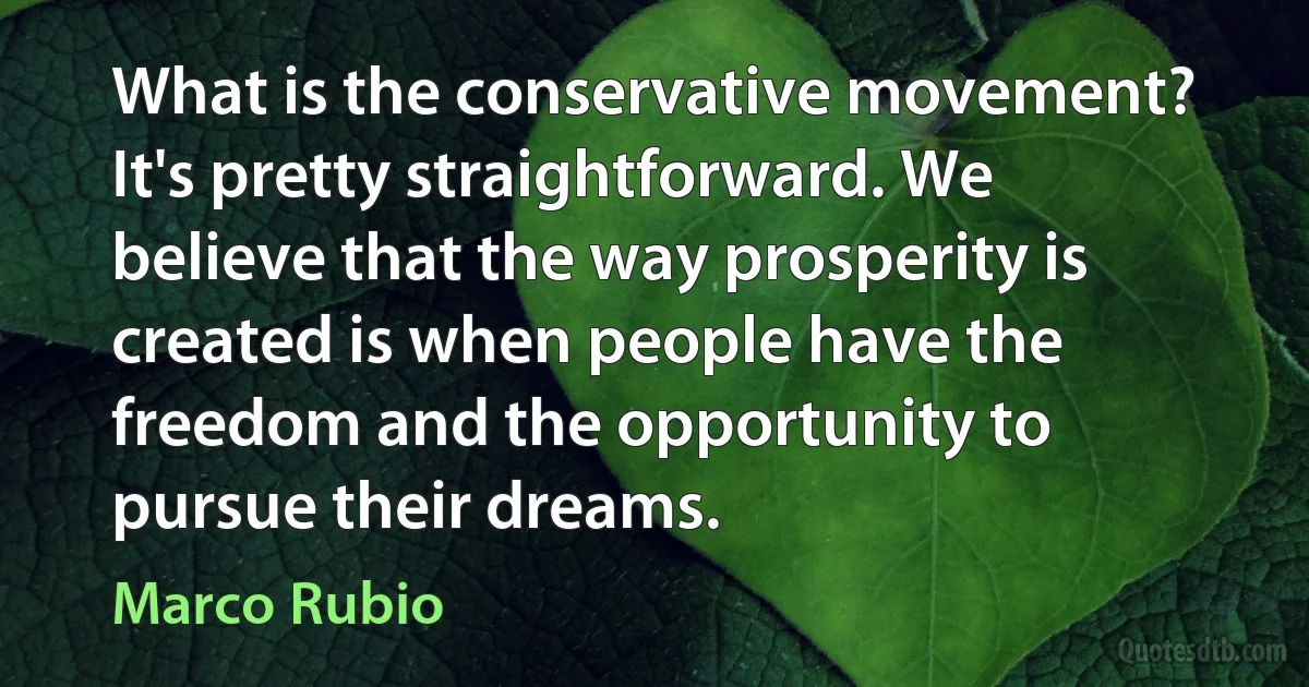 What is the conservative movement? It's pretty straightforward. We believe that the way prosperity is created is when people have the freedom and the opportunity to pursue their dreams. (Marco Rubio)