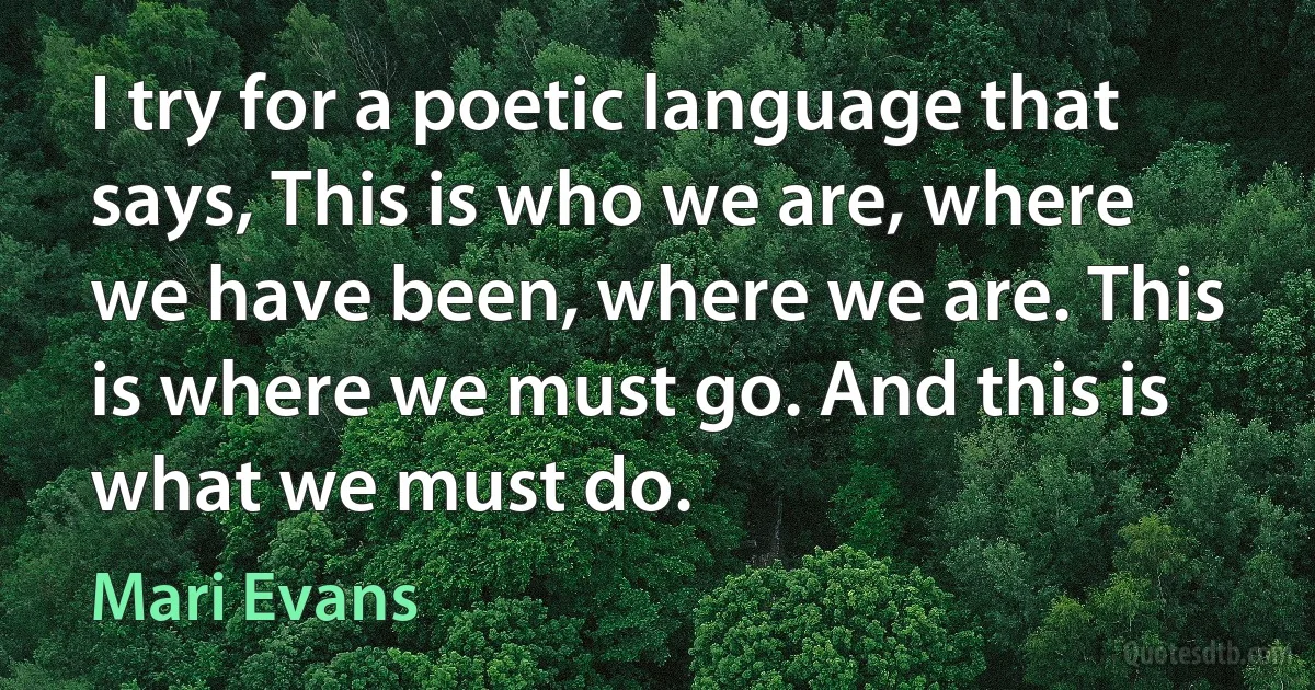 I try for a poetic language that says, This is who we are, where we have been, where we are. This is where we must go. And this is what we must do. (Mari Evans)