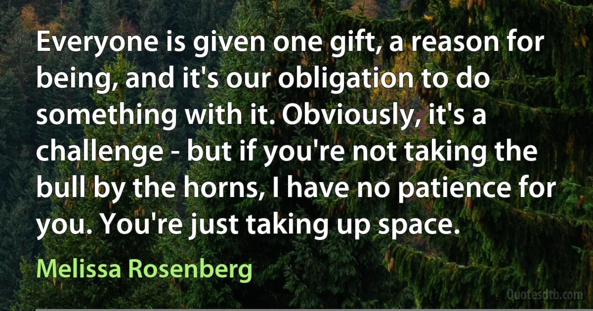 Everyone is given one gift, a reason for being, and it's our obligation to do something with it. Obviously, it's a challenge - but if you're not taking the bull by the horns, I have no patience for you. You're just taking up space. (Melissa Rosenberg)