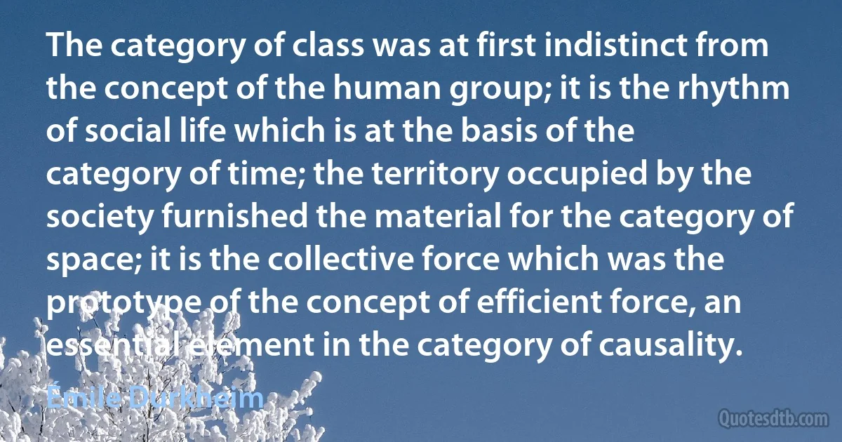 The category of class was at first indistinct from the concept of the human group; it is the rhythm of social life which is at the basis of the category of time; the territory occupied by the society furnished the material for the category of space; it is the collective force which was the prototype of the concept of efficient force, an essential element in the category of causality. (Émile Durkheim)