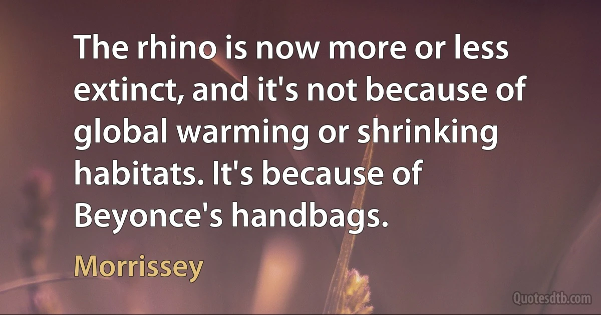 The rhino is now more or less extinct, and it's not because of global warming or shrinking habitats. It's because of Beyonce's handbags. (Morrissey)