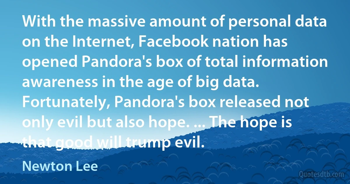 With the massive amount of personal data on the Internet, Facebook nation has opened Pandora's box of total information awareness in the age of big data. Fortunately, Pandora's box released not only evil but also hope. ... The hope is that good will trump evil. (Newton Lee)