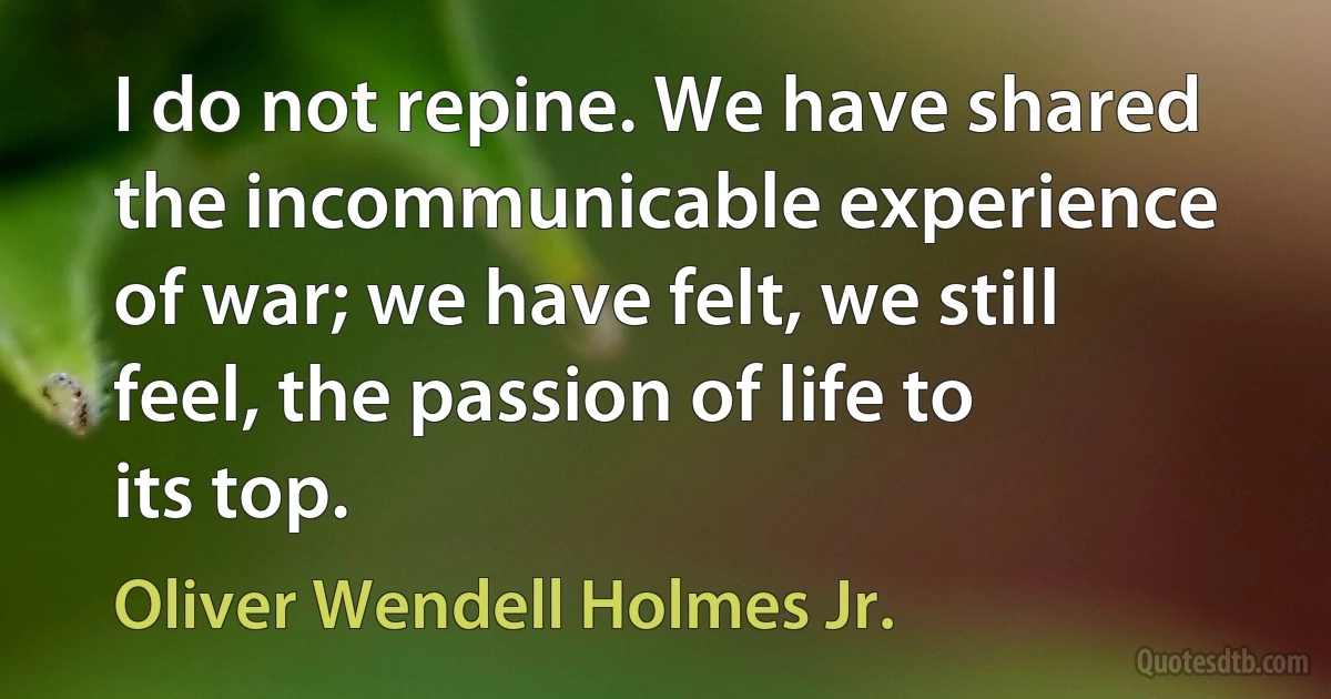 I do not repine. We have shared the incommunicable experience of war; we have felt, we still feel, the passion of life to its top. (Oliver Wendell Holmes Jr.)