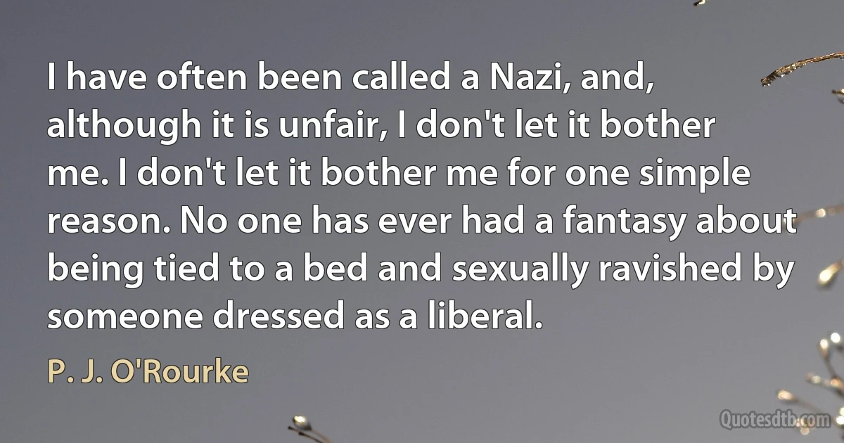 I have often been called a Nazi, and, although it is unfair, I don't let it bother me. I don't let it bother me for one simple reason. No one has ever had a fantasy about being tied to a bed and sexually ravished by someone dressed as a liberal. (P. J. O'Rourke)