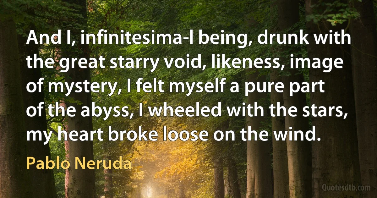 And I, infinitesima­l being, drunk with the great starry void, likeness, image of mystery, I felt myself a pure part of the abyss, I wheeled with the stars, my heart broke loose on the wind. (Pablo Neruda)