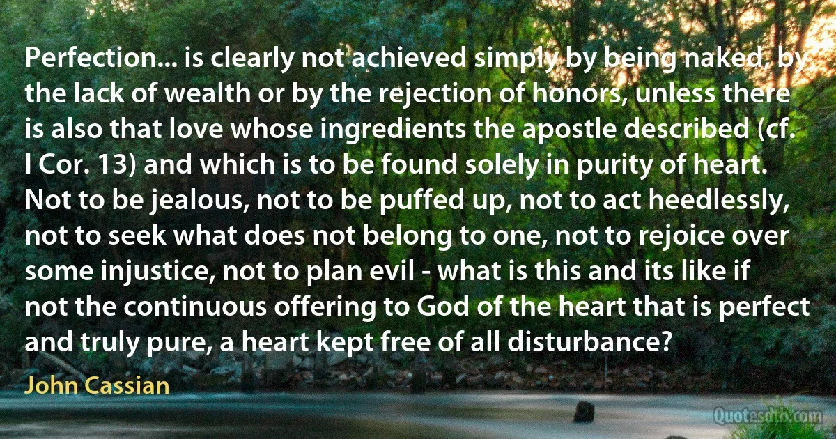 Perfection... is clearly not achieved simply by being naked, by the lack of wealth or by the rejection of honors, unless there is also that love whose ingredients the apostle described (cf. I Cor. 13) and which is to be found solely in purity of heart. Not to be jealous, not to be puffed up, not to act heedlessly, not to seek what does not belong to one, not to rejoice over some injustice, not to plan evil - what is this and its like if not the continuous offering to God of the heart that is perfect and truly pure, a heart kept free of all disturbance? (John Cassian)