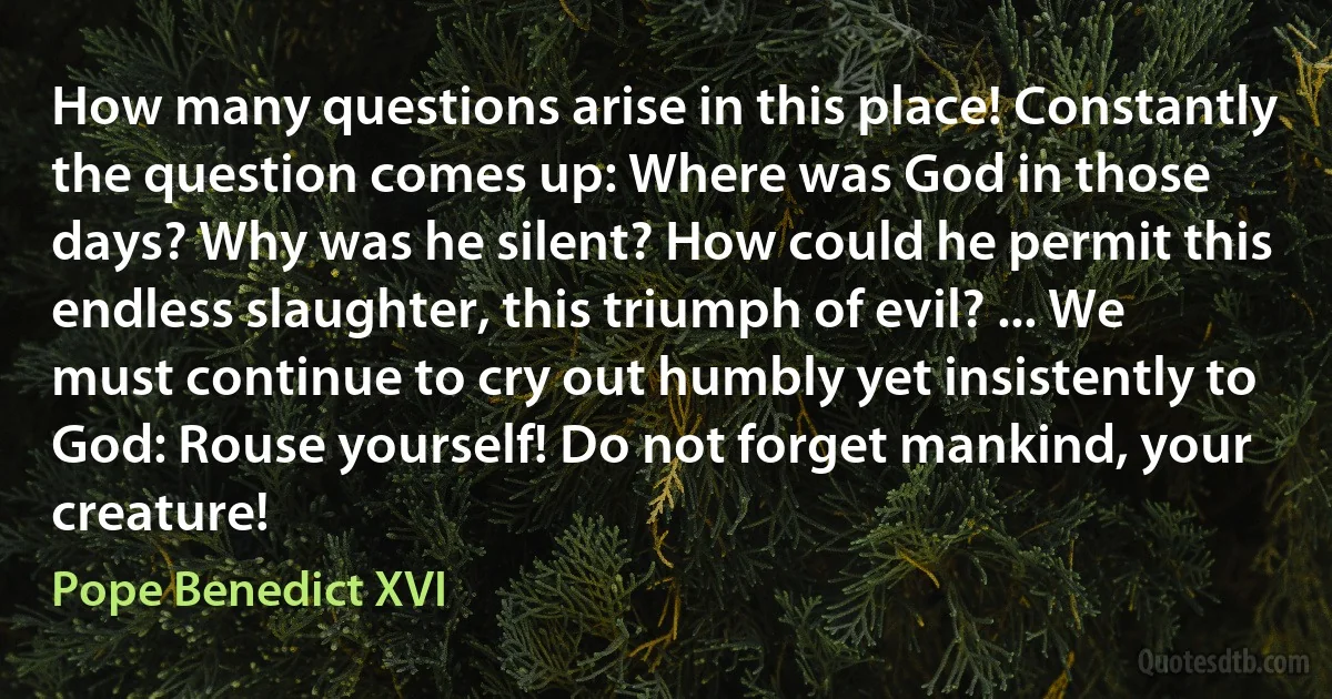 How many questions arise in this place! Constantly the question comes up: Where was God in those days? Why was he silent? How could he permit this endless slaughter, this triumph of evil? ... We must continue to cry out humbly yet insistently to God: Rouse yourself! Do not forget mankind, your creature! (Pope Benedict XVI)