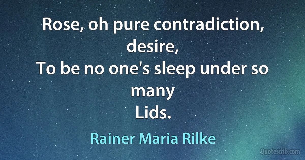 Rose, oh pure contradiction, desire,
To be no one's sleep under so many
Lids. (Rainer Maria Rilke)