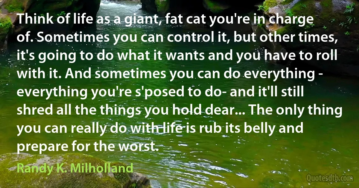 Think of life as a giant, fat cat you're in charge of. Sometimes you can control it, but other times, it's going to do what it wants and you have to roll with it. And sometimes you can do everything - everything you're s'posed to do- and it'll still shred all the things you hold dear... The only thing you can really do with life is rub its belly and prepare for the worst. (Randy K. Milholland)