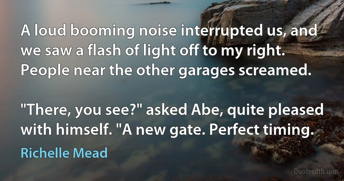 A loud booming noise interrupted us, and we saw a flash of light off to my right. People near the other garages screamed.

"There, you see?" asked Abe, quite pleased with himself. "A new gate. Perfect timing. (Richelle Mead)