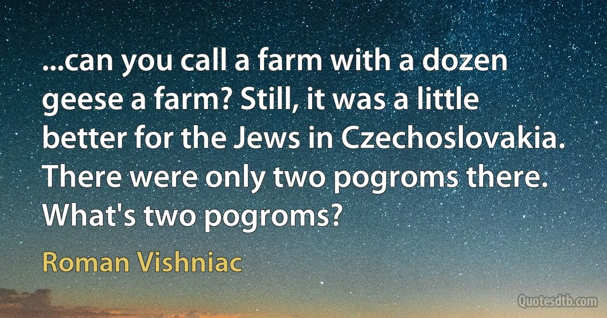 ...can you call a farm with a dozen geese a farm? Still, it was a little better for the Jews in Czechoslovakia. There were only two pogroms there. What's two pogroms? (Roman Vishniac)