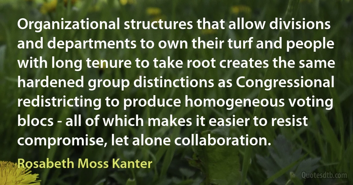 Organizational structures that allow divisions and departments to own their turf and people with long tenure to take root creates the same hardened group distinctions as Congressional redistricting to produce homogeneous voting blocs - all of which makes it easier to resist compromise, let alone collaboration. (Rosabeth Moss Kanter)