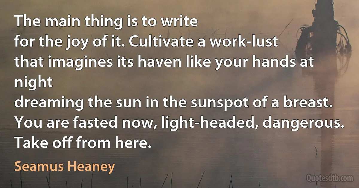 The main thing is to write
for the joy of it. Cultivate a work-lust
that imagines its haven like your hands at night
dreaming the sun in the sunspot of a breast.
You are fasted now, light-headed, dangerous.
Take off from here. (Seamus Heaney)