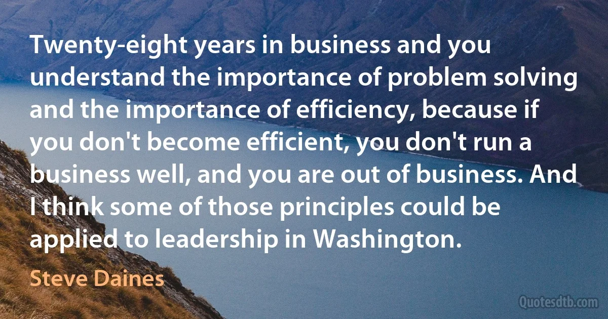 Twenty-eight years in business and you understand the importance of problem solving and the importance of efficiency, because if you don't become efficient, you don't run a business well, and you are out of business. And I think some of those principles could be applied to leadership in Washington. (Steve Daines)