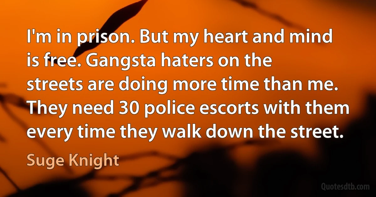 I'm in prison. But my heart and mind is free. Gangsta haters on the streets are doing more time than me. They need 30 police escorts with them every time they walk down the street. (Suge Knight)