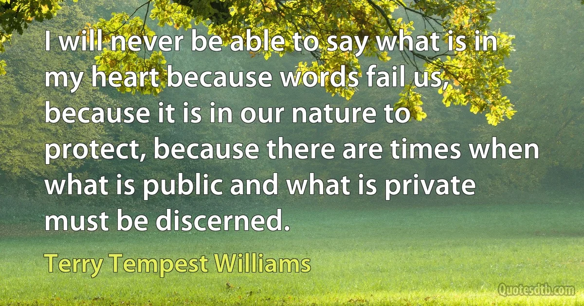 I will never be able to say what is in my heart because words fail us, because it is in our nature to protect, because there are times when what is public and what is private must be discerned. (Terry Tempest Williams)