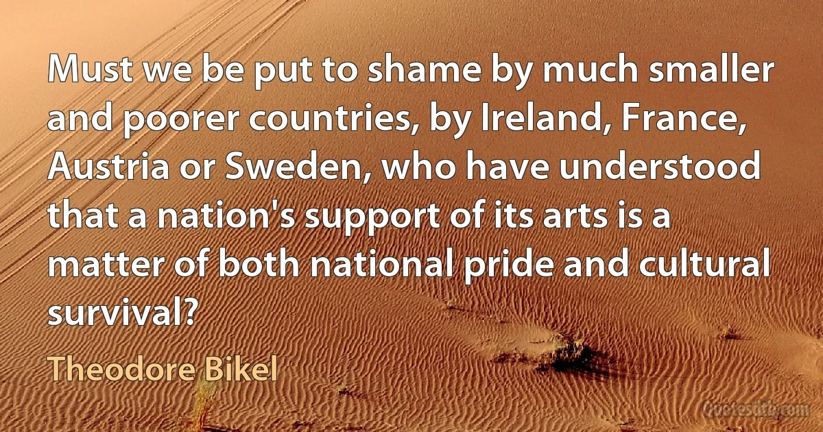 Must we be put to shame by much smaller and poorer countries, by Ireland, France, Austria or Sweden, who have understood that a nation's support of its arts is a matter of both national pride and cultural survival? (Theodore Bikel)