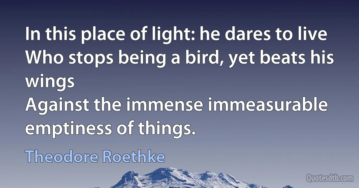 In this place of light: he dares to live
Who stops being a bird, yet beats his wings
Against the immense immeasurable emptiness of things. (Theodore Roethke)