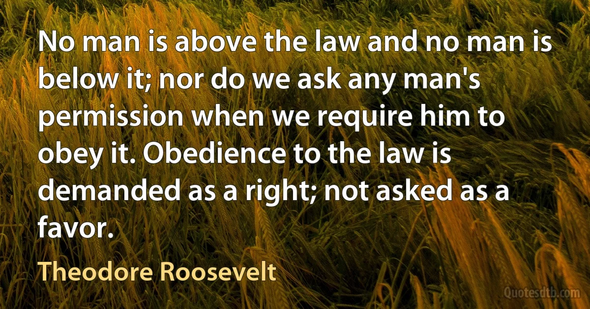 No man is above the law and no man is below it; nor do we ask any man's permission when we require him to obey it. Obedience to the law is demanded as a right; not asked as a favor. (Theodore Roosevelt)