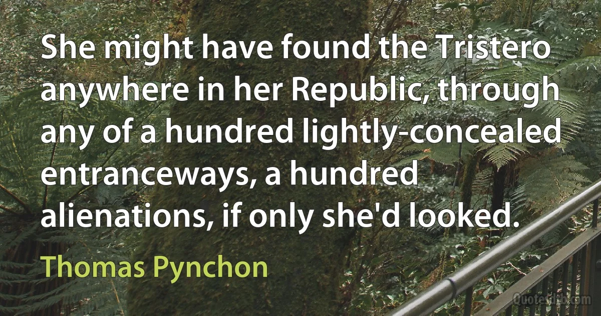 She might have found the Tristero anywhere in her Republic, through any of a hundred lightly-concealed entranceways, a hundred alienations, if only she'd looked. (Thomas Pynchon)