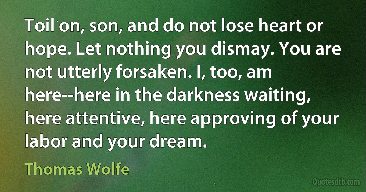 Toil on, son, and do not lose heart or hope. Let nothing you dismay. You are not utterly forsaken. I, too, am here--here in the darkness waiting, here attentive, here approving of your labor and your dream. (Thomas Wolfe)