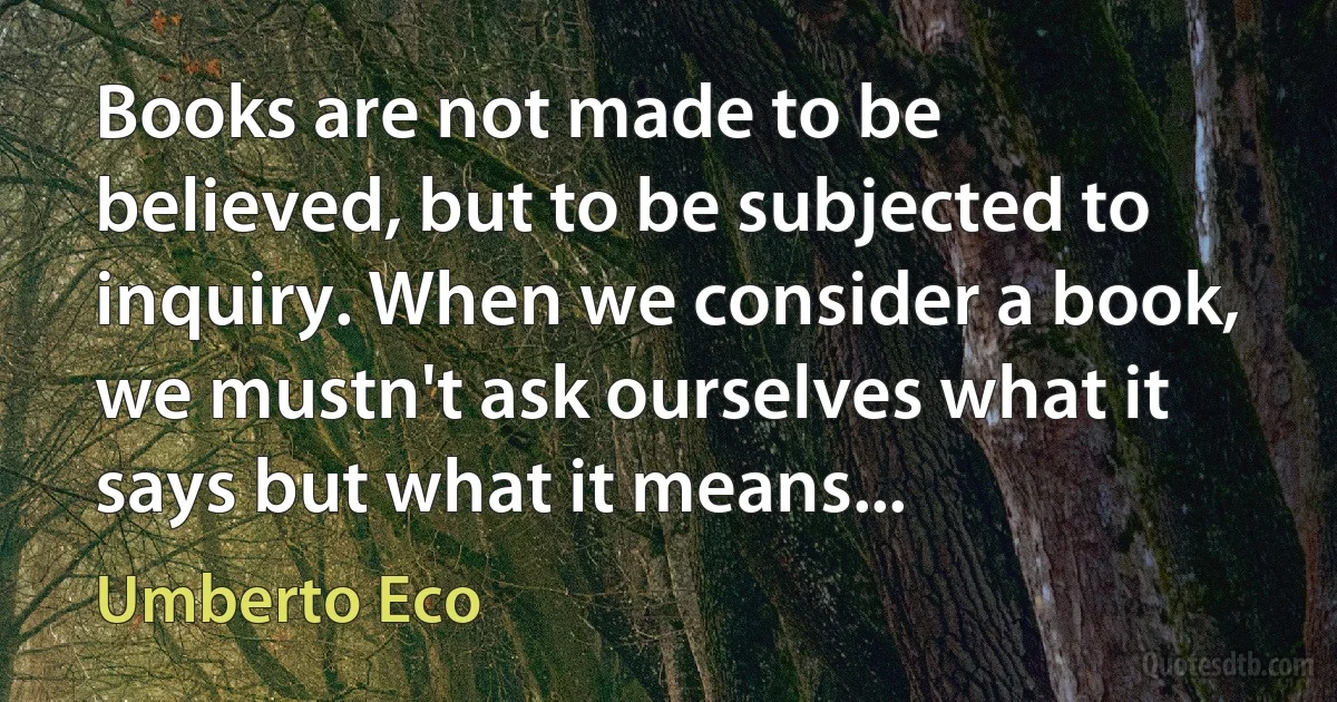 Books are not made to be believed, but to be subjected to inquiry. When we consider a book, we mustn't ask ourselves what it says but what it means... (Umberto Eco)