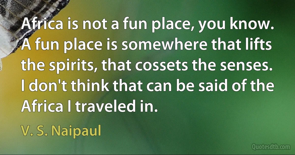 Africa is not a fun place, you know. A fun place is somewhere that lifts the spirits, that cossets the senses. I don't think that can be said of the Africa I traveled in. (V. S. Naipaul)