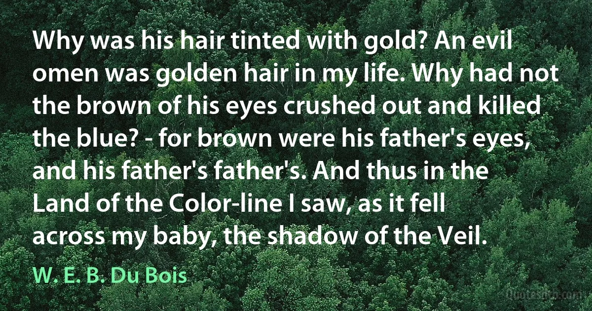 Why was his hair tinted with gold? An evil omen was golden hair in my life. Why had not the brown of his eyes crushed out and killed the blue? - for brown were his father's eyes, and his father's father's. And thus in the Land of the Color-line I saw, as it fell across my baby, the shadow of the Veil. (W. E. B. Du Bois)