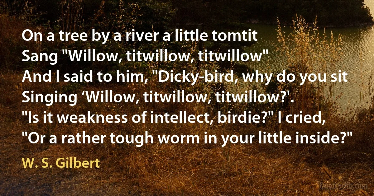 On a tree by a river a little tomtit
Sang "Willow, titwillow, titwillow"
And I said to him, "Dicky-bird, why do you sit
Singing ‘Willow, titwillow, titwillow?'.
"Is it weakness of intellect, birdie?" I cried,
"Or a rather tough worm in your little inside?" (W. S. Gilbert)