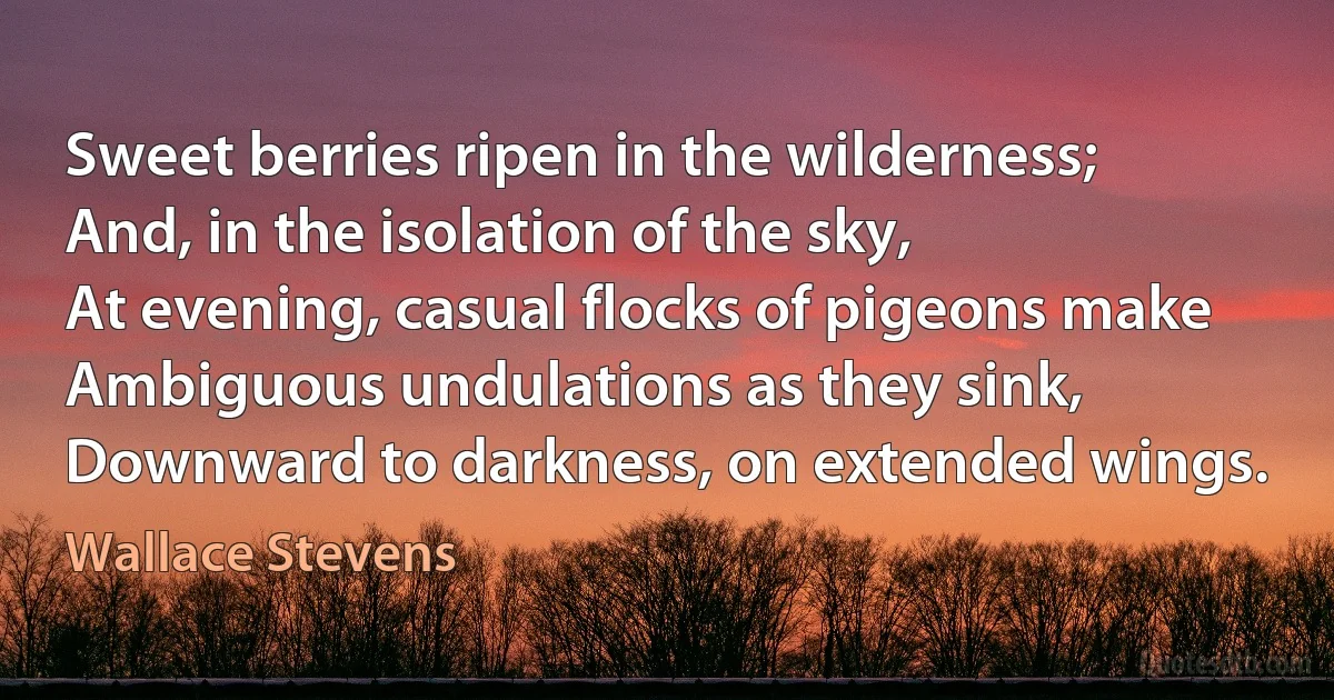 Sweet berries ripen in the wilderness;
And, in the isolation of the sky,
At evening, casual flocks of pigeons make
Ambiguous undulations as they sink,
Downward to darkness, on extended wings. (Wallace Stevens)