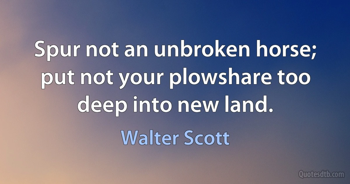 Spur not an unbroken horse; put not your plowshare too deep into new land. (Walter Scott)