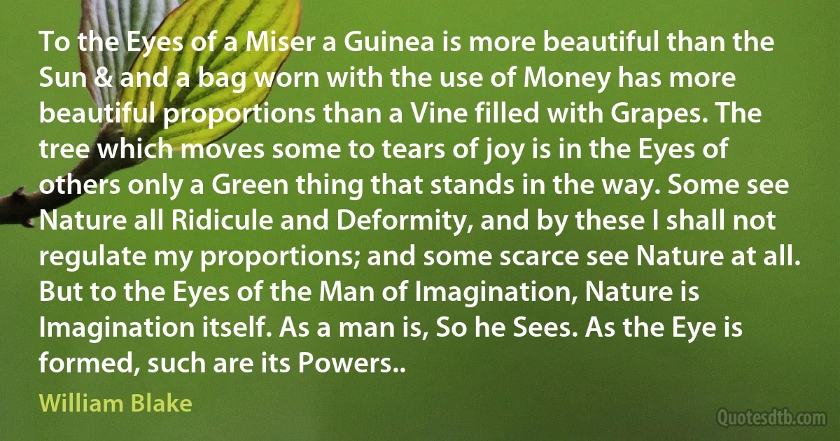 To the Eyes of a Miser a Guinea is more beautiful than the Sun & and a bag worn with the use of Money has more beautiful proportions than a Vine filled with Grapes. The tree which moves some to tears of joy is in the Eyes of others only a Green thing that stands in the way. Some see Nature all Ridicule and Deformity, and by these I shall not regulate my proportions; and some scarce see Nature at all. But to the Eyes of the Man of Imagination, Nature is Imagination itself. As a man is, So he Sees. As the Eye is formed, such are its Powers.. (William Blake)