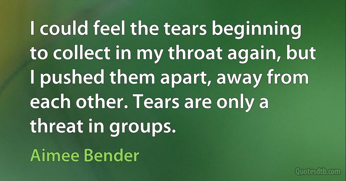 I could feel the tears beginning to collect in my throat again, but I pushed them apart, away from each other. Tears are only a threat in groups. (Aimee Bender)