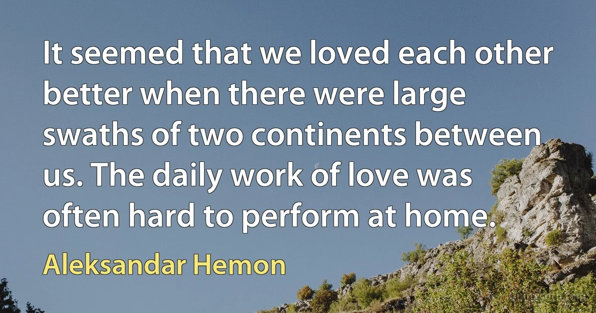 It seemed that we loved each other better when there were large swaths of two continents between us. The daily work of love was often hard to perform at home. (Aleksandar Hemon)