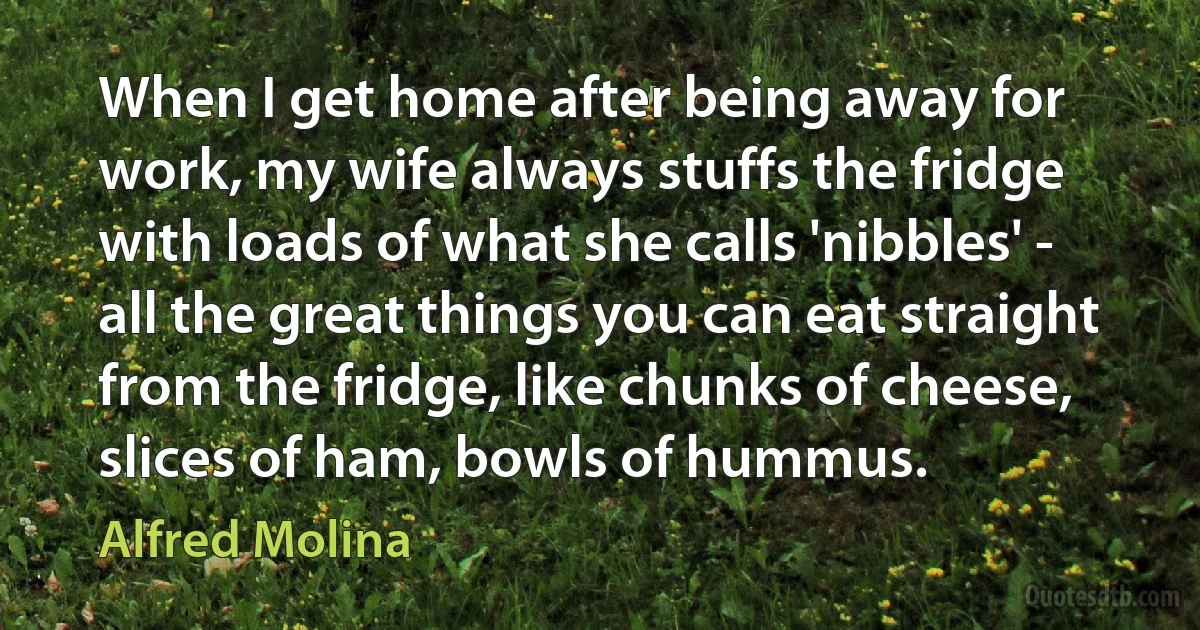 When I get home after being away for work, my wife always stuffs the fridge with loads of what she calls 'nibbles' - all the great things you can eat straight from the fridge, like chunks of cheese, slices of ham, bowls of hummus. (Alfred Molina)