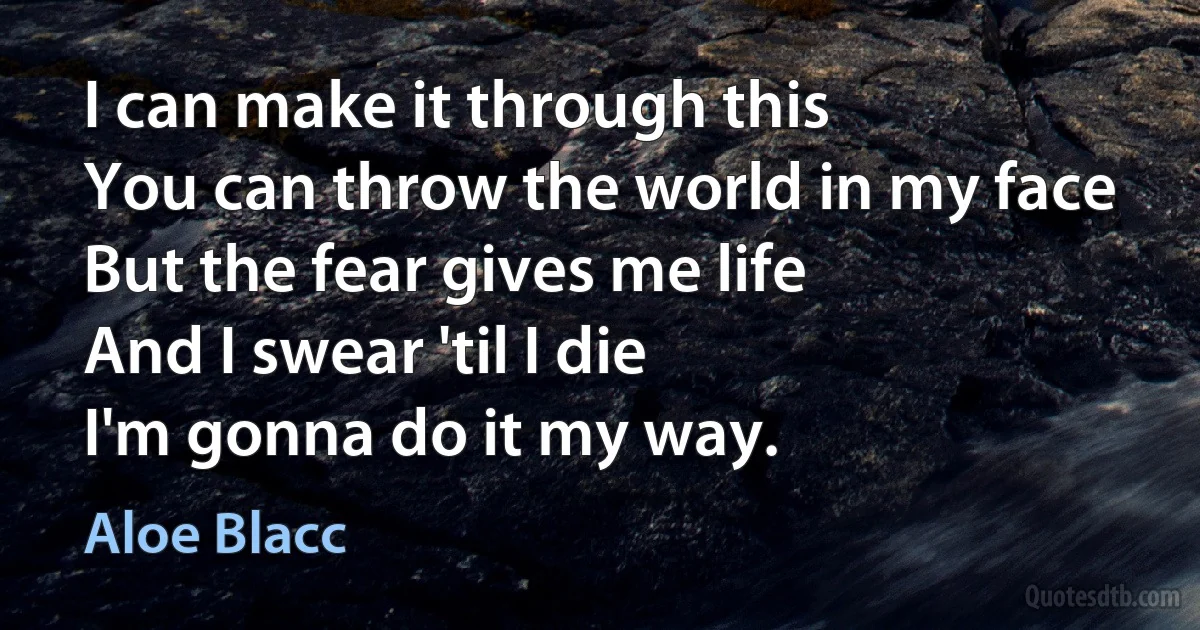 I can make it through this
You can throw the world in my face
But the fear gives me life
And I swear 'til I die
I'm gonna do it my way. (Aloe Blacc)