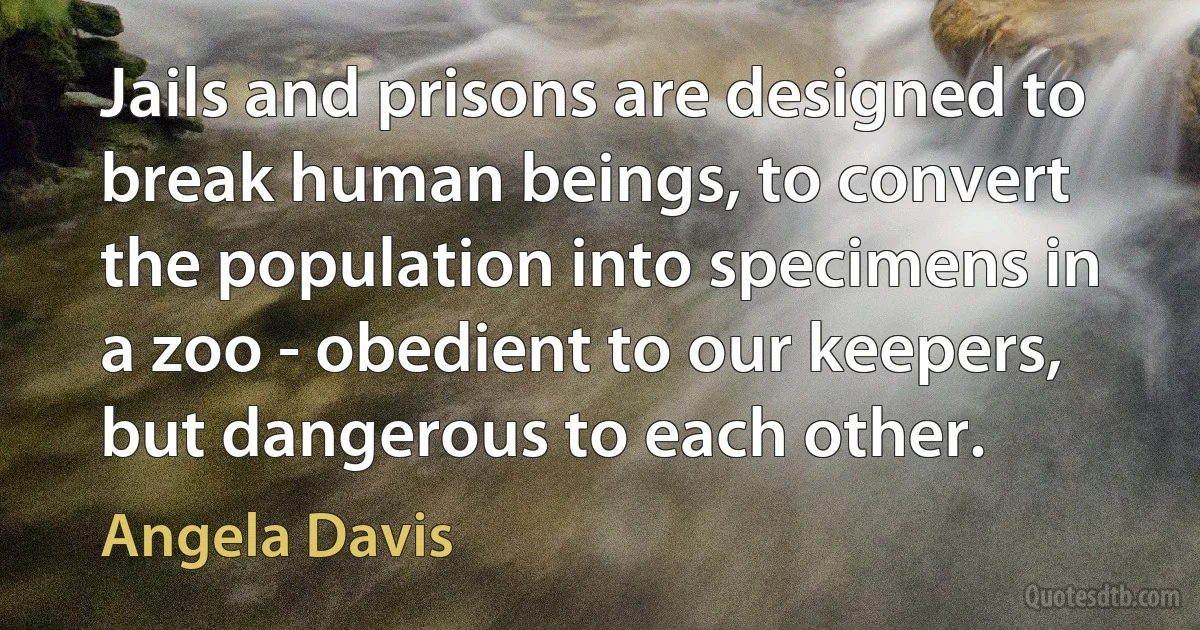 Jails and prisons are designed to break human beings, to convert the population into specimens in a zoo - obedient to our keepers, but dangerous to each other. (Angela Davis)