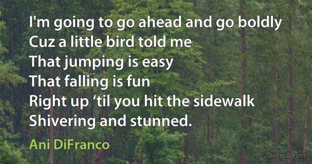 I'm going to go ahead and go boldly
Cuz a little bird told me
That jumping is easy
That falling is fun
Right up ‘til you hit the sidewalk
Shivering and stunned. (Ani DiFranco)