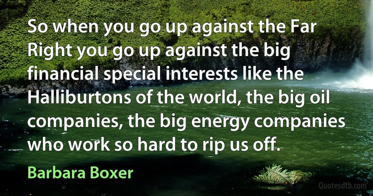 So when you go up against the Far Right you go up against the big financial special interests like the Halliburtons of the world, the big oil companies, the big energy companies who work so hard to rip us off. (Barbara Boxer)