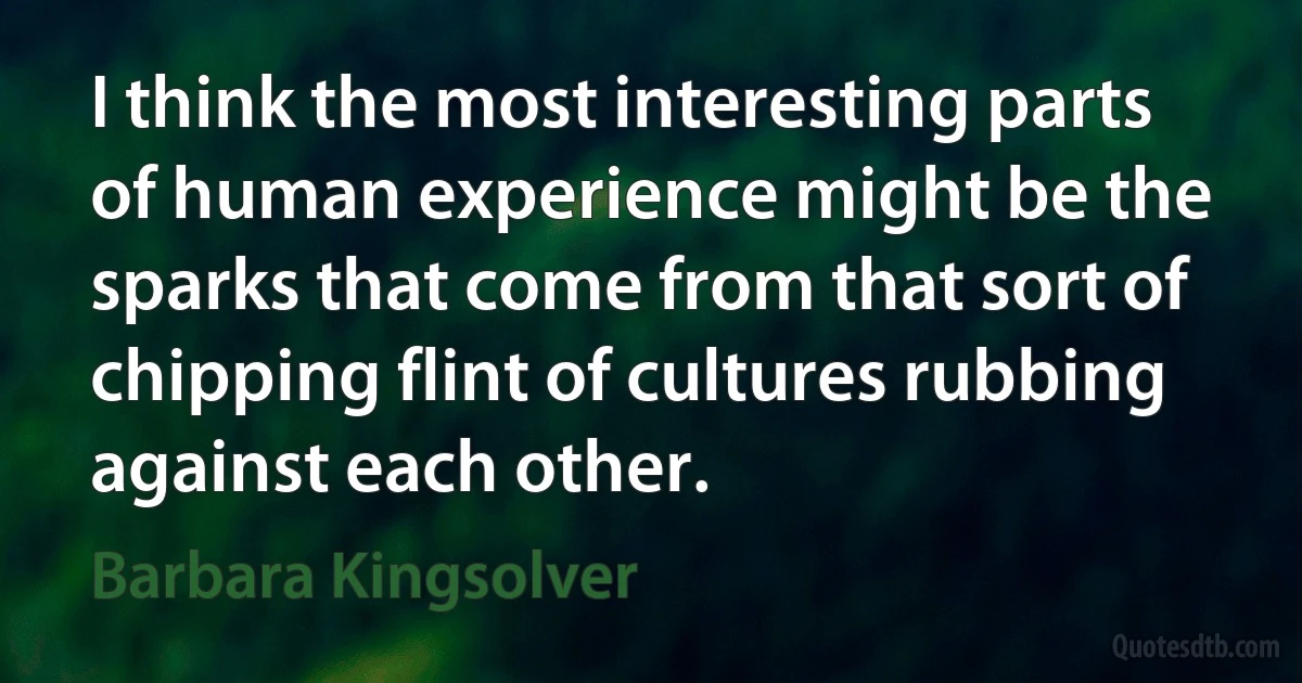 I think the most interesting parts of human experience might be the sparks that come from that sort of chipping flint of cultures rubbing against each other. (Barbara Kingsolver)