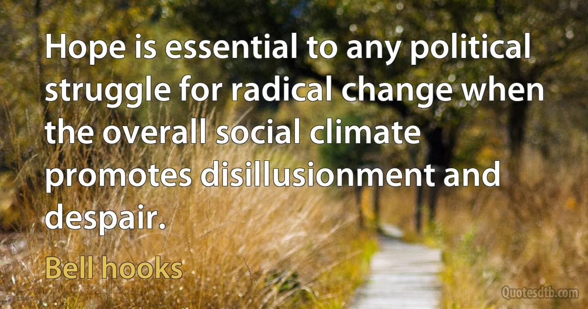 Hope is essential to any political struggle for radical change when the overall social climate promotes disillusionment and despair. (Bell hooks)