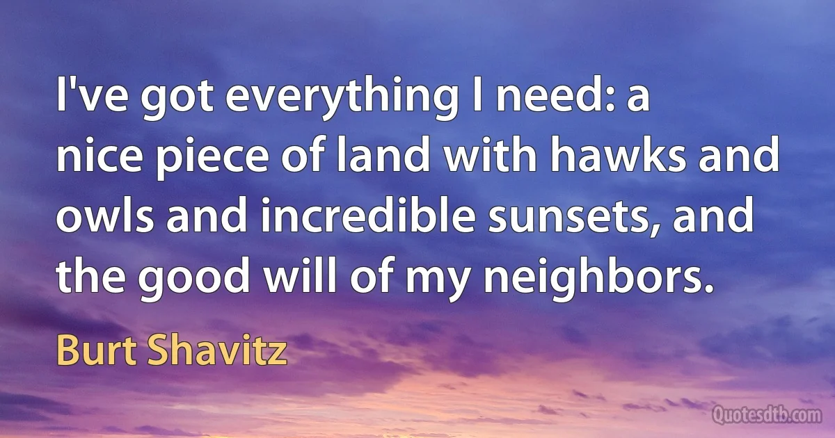 I've got everything I need: a nice piece of land with hawks and owls and incredible sunsets, and the good will of my neighbors. (Burt Shavitz)