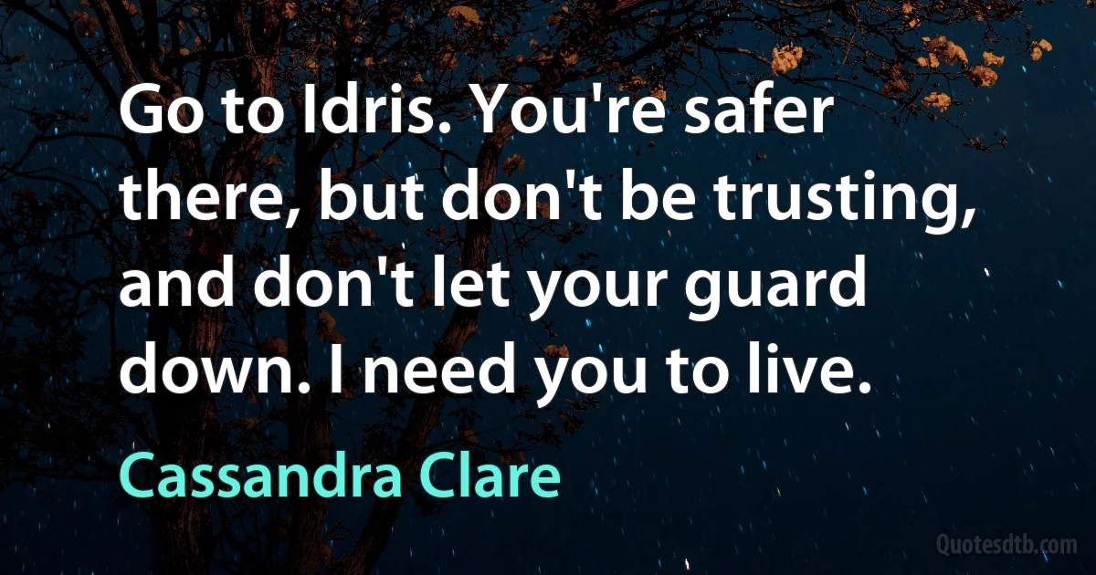 Go to Idris. You're safer there, but don't be trusting, and don't let your guard down. I need you to live. (Cassandra Clare)