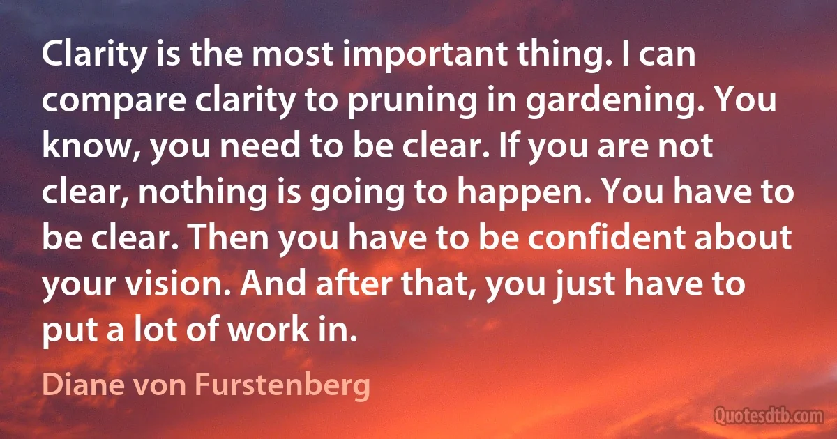 Clarity is the most important thing. I can compare clarity to pruning in gardening. You know, you need to be clear. If you are not clear, nothing is going to happen. You have to be clear. Then you have to be confident about your vision. And after that, you just have to put a lot of work in. (Diane von Furstenberg)