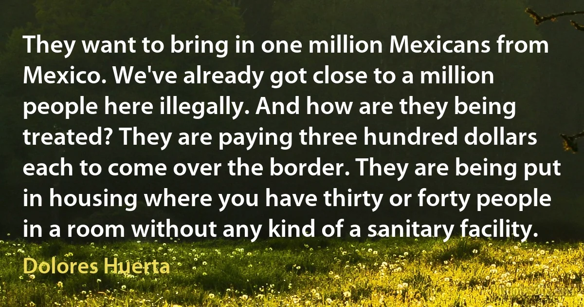 They want to bring in one million Mexicans from Mexico. We've already got close to a million people here illegally. And how are they being treated? They are paying three hundred dollars each to come over the border. They are being put in housing where you have thirty or forty people in a room without any kind of a sanitary facility. (Dolores Huerta)