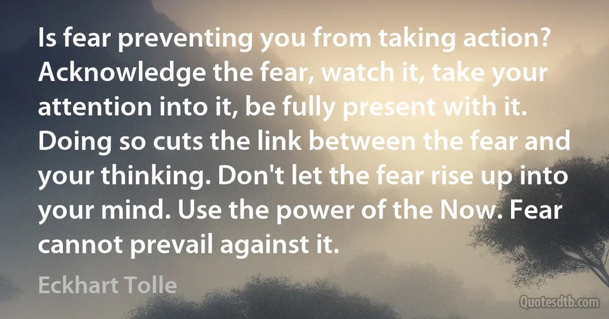 Is fear preventing you from taking action? Acknowledge the fear, watch it, take your attention into it, be fully present with it. Doing so cuts the link between the fear and your thinking. Don't let the fear rise up into your mind. Use the power of the Now. Fear cannot prevail against it. (Eckhart Tolle)