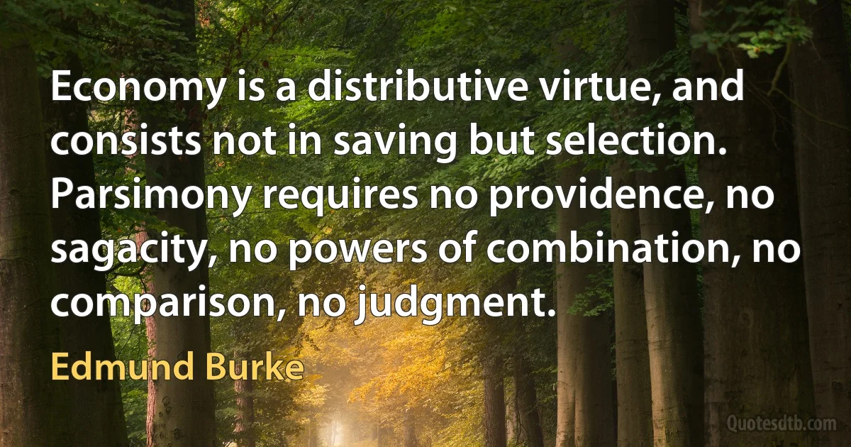 Economy is a distributive virtue, and consists not in saving but selection. Parsimony requires no providence, no sagacity, no powers of combination, no comparison, no judgment. (Edmund Burke)