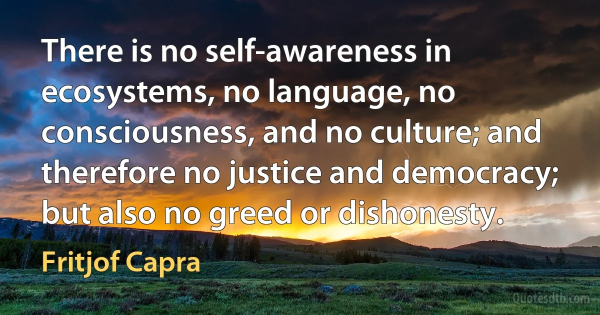 There is no self-awareness in ecosystems, no language, no consciousness, and no culture; and therefore no justice and democracy; but also no greed or dishonesty. (Fritjof Capra)