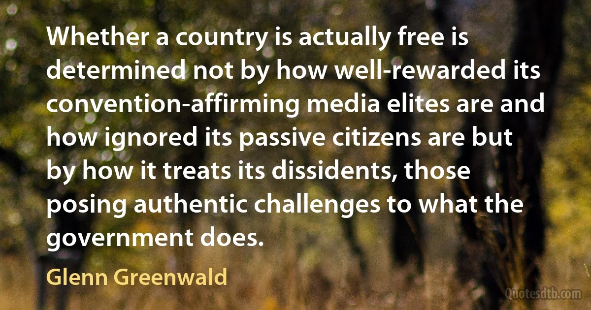 Whether a country is actually free is determined not by how well-rewarded its convention-affirming media elites are and how ignored its passive citizens are but by how it treats its dissidents, those posing authentic challenges to what the government does. (Glenn Greenwald)